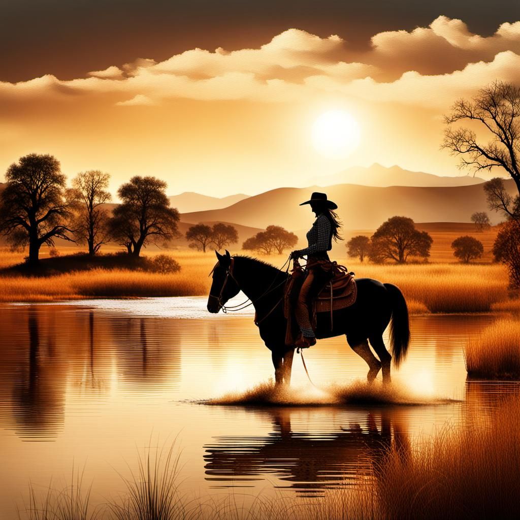 Cowgirl Rides Horse Through Plains Landscape