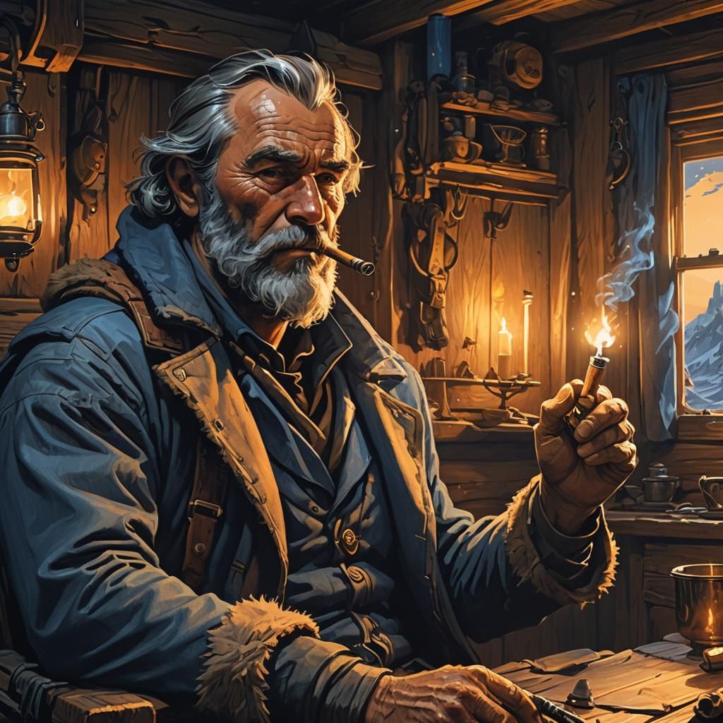 Hunter in Cabin with Pipe, Fantasy Art