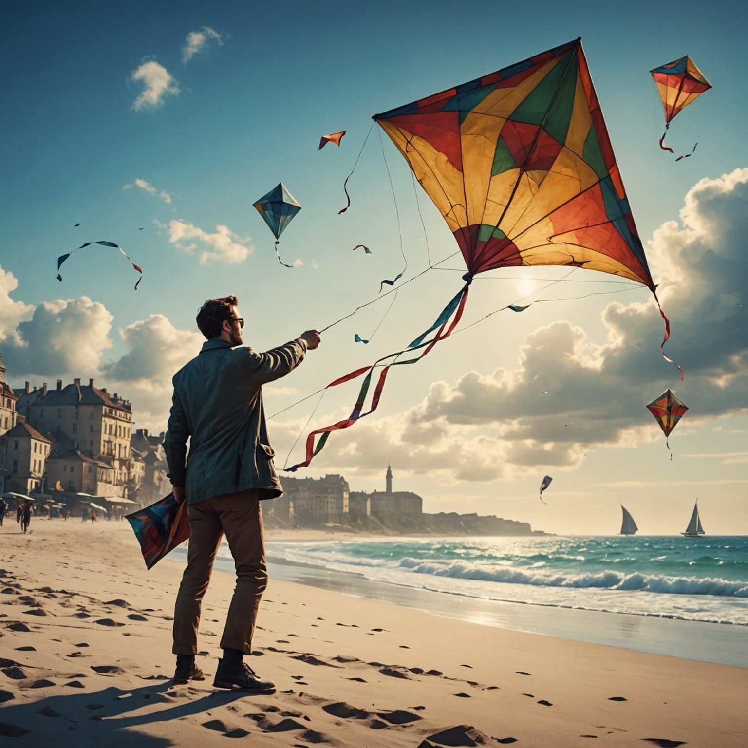 Vintage Ink Painting of Man Flying Kite