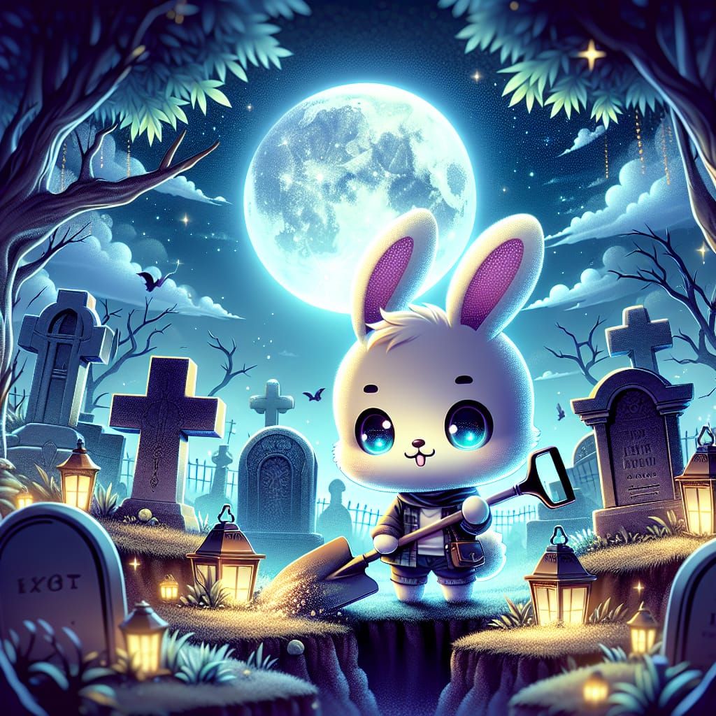 Cute Bunny Gravedigger in a Spooky Graveyard at Full Moon
