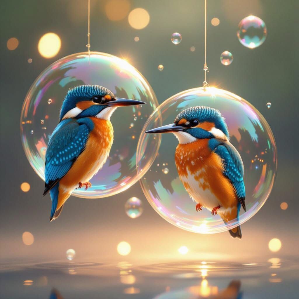 Kingfishers in Bubbles: Dreamy Digital Art
