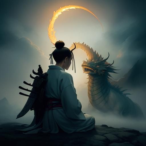 Samurai and Dragon in Digital Matte Painting