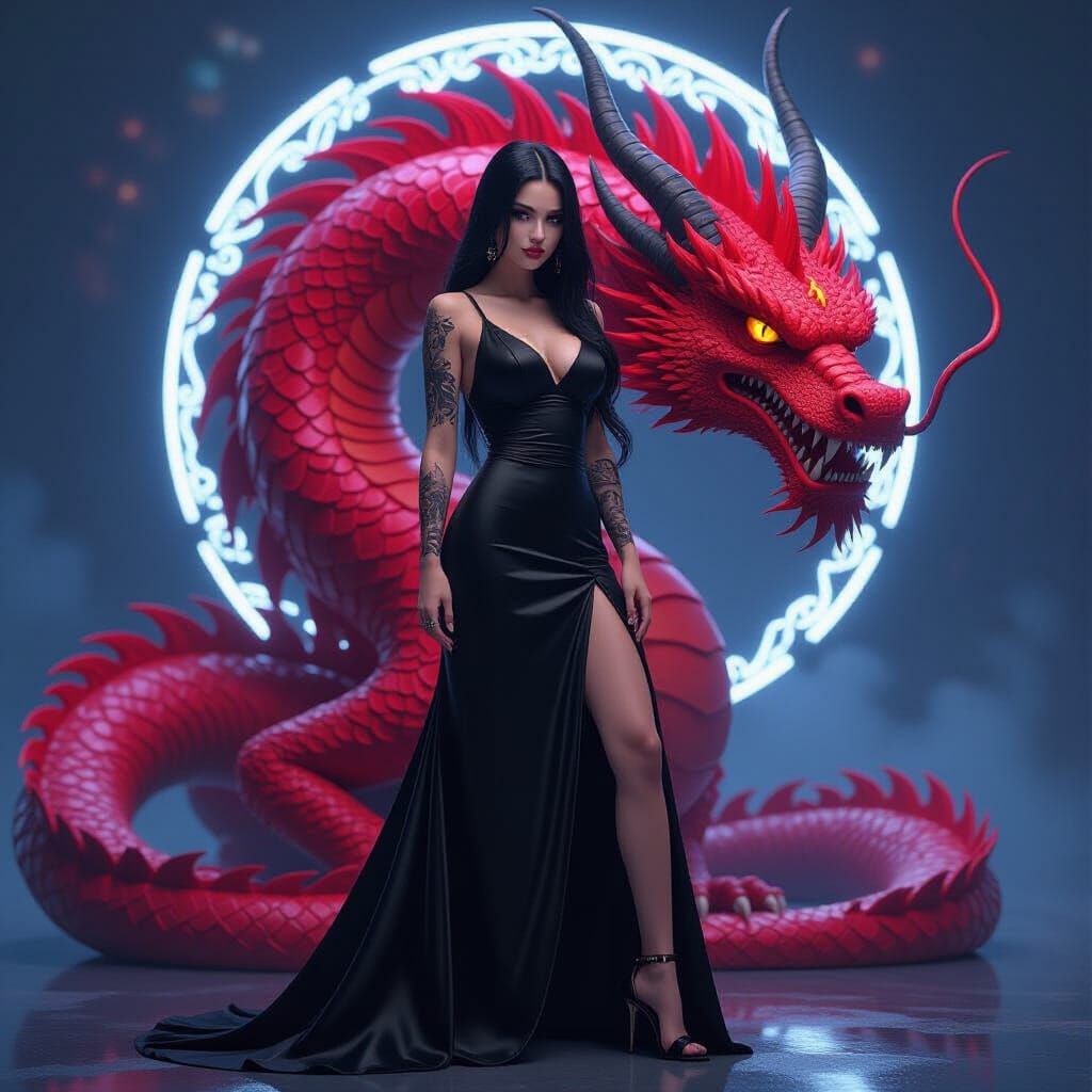 Girl and Dragon in Ornate Digital Art Style