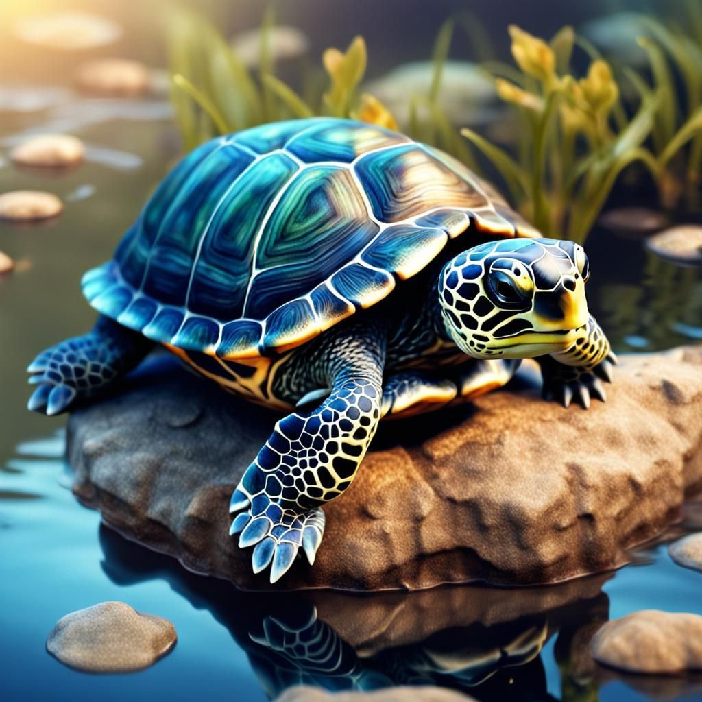 Adorable Baby Turtle in Detailed Mixed Media