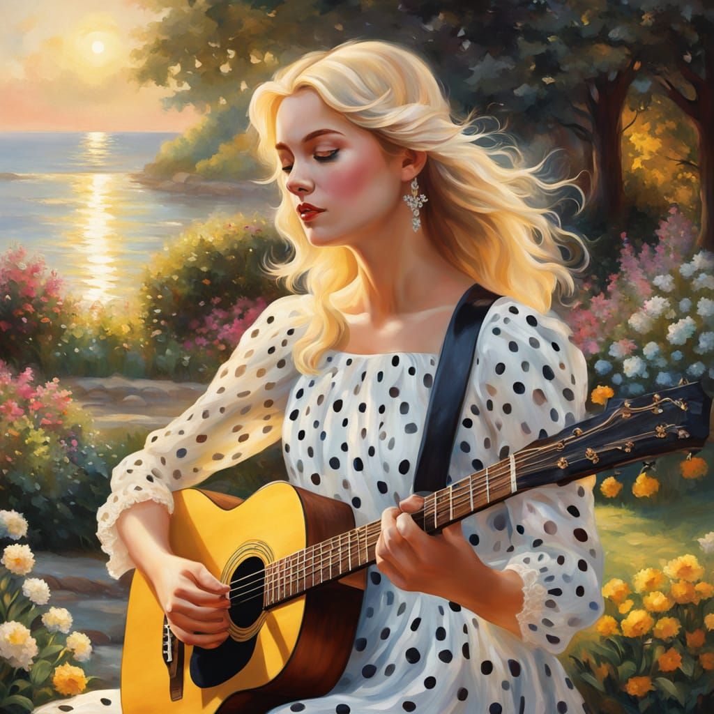 Blonde Woman Plays Guitar in Impressionistic Garden