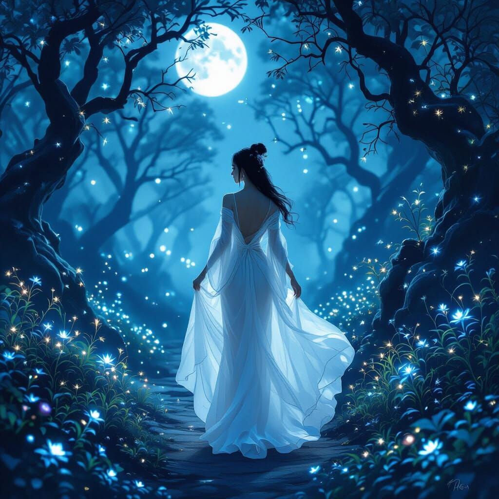 Ethereal Asian Woman in Moonlit Forest