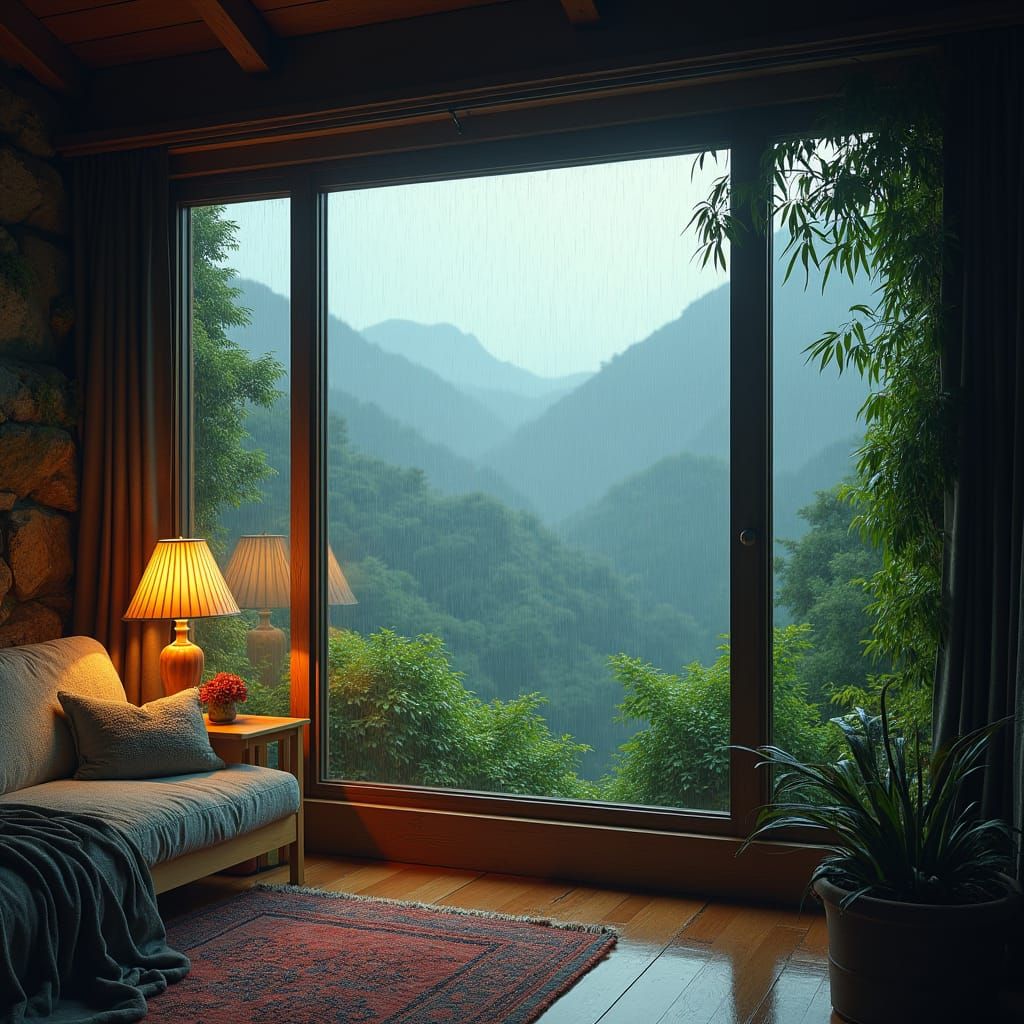 Cozy Mountain Room in Tropical Rain, Atmospheric Painting