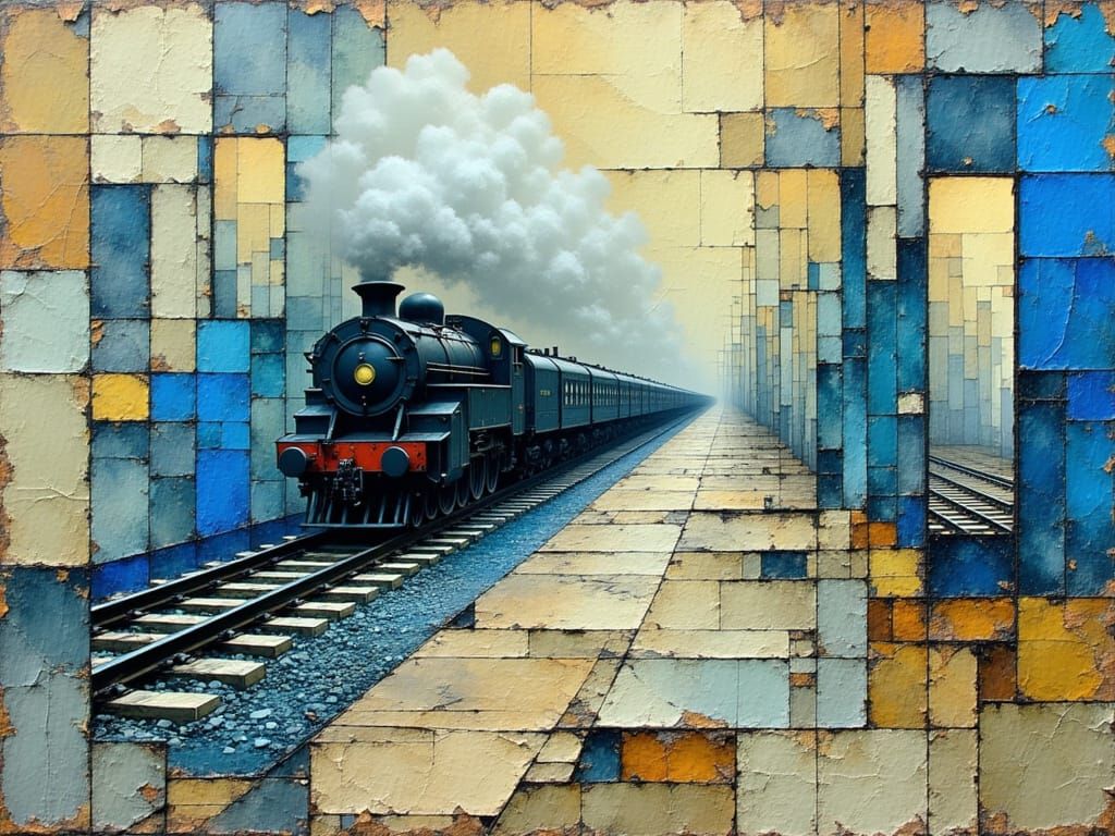 <lora:Akimora:1.0>Mixed media collage paper, A train passes through empty picture frames, showing another world. Acrylic...