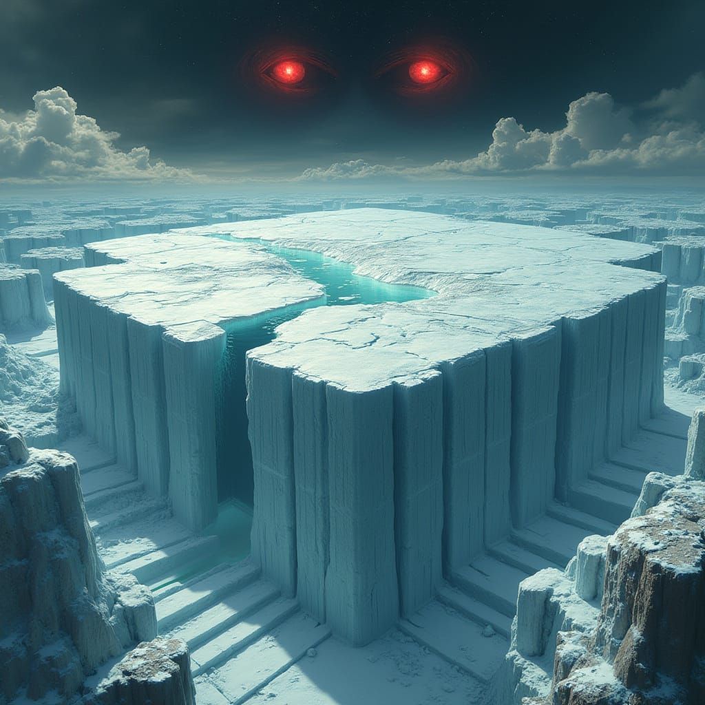 Flat Earth Aerial View with Ice Wall, Dystopian Sci-Fi