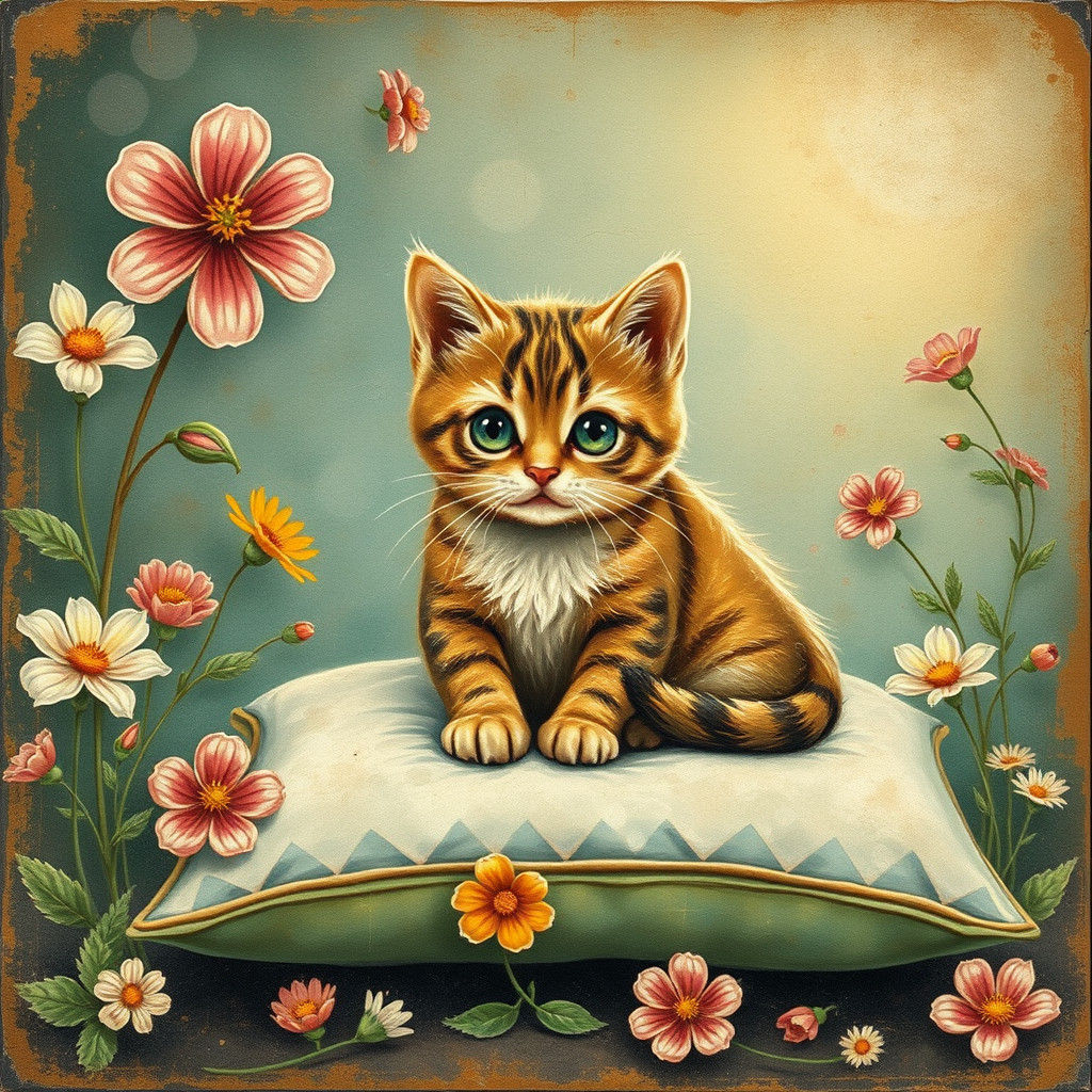 Whimsical Cat in Fairytale Scene as Vintage Postcard