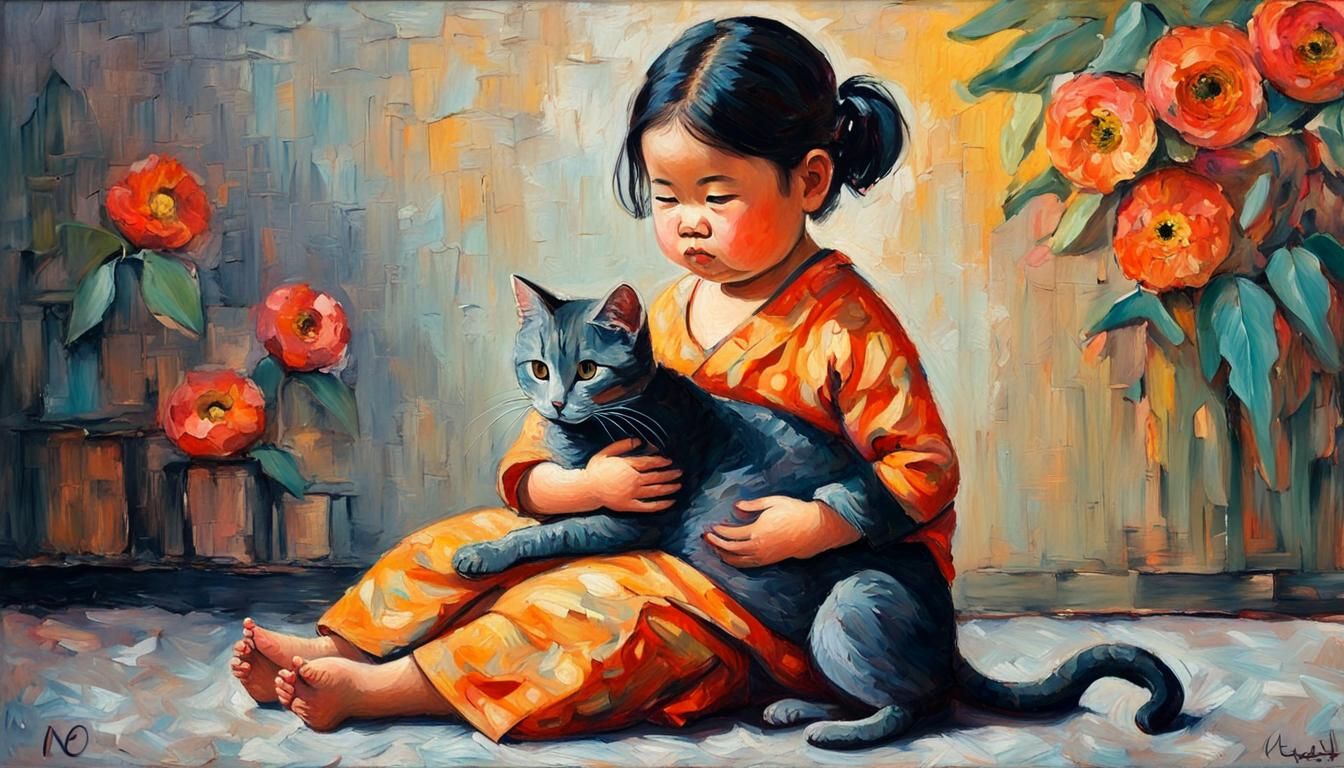 Toddler and Cat in Expressionist Oil Painting