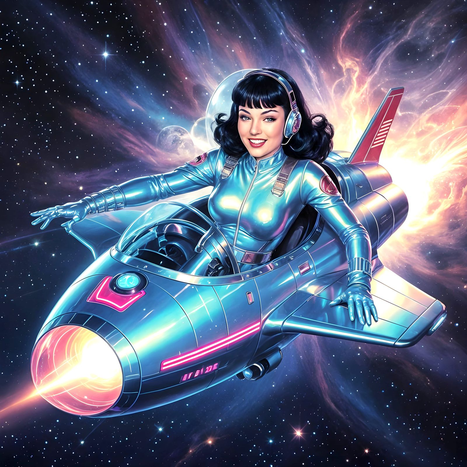 Futuristic Space Pirate Piloting Spaceship in Nebula