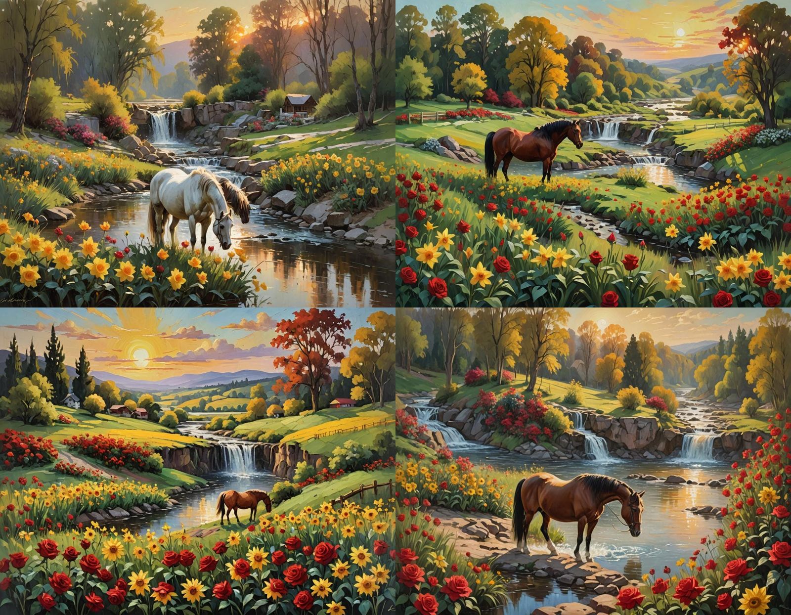 Spring Countryside Sunset Landscape as Oil Painting