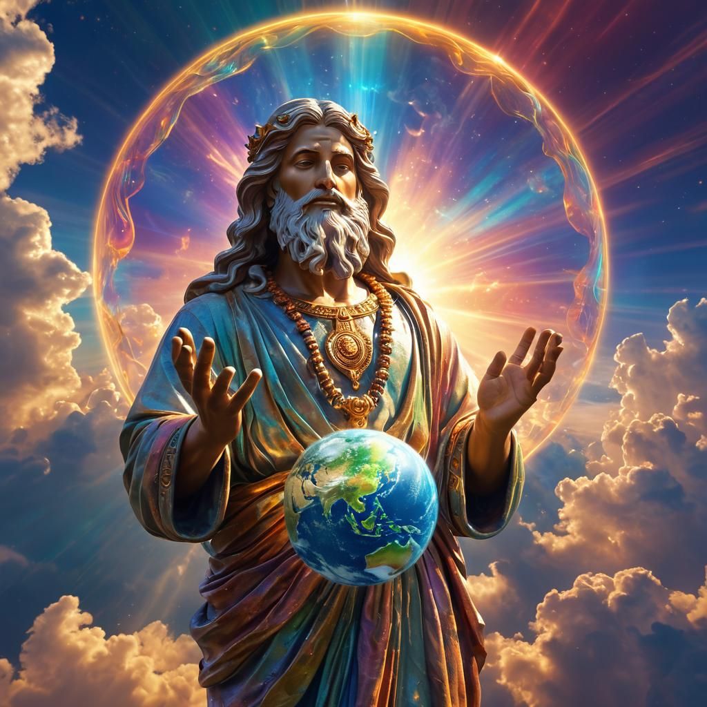 God Holding Earth: Hyperrealistic, Iridescent Scene