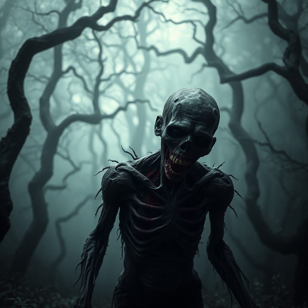 Eerie Photo of Grotesque Zombie in Misty Forest