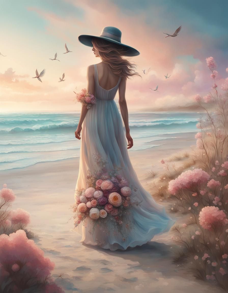 Woman on Beach in Pastel Colors with Alcohol Ink