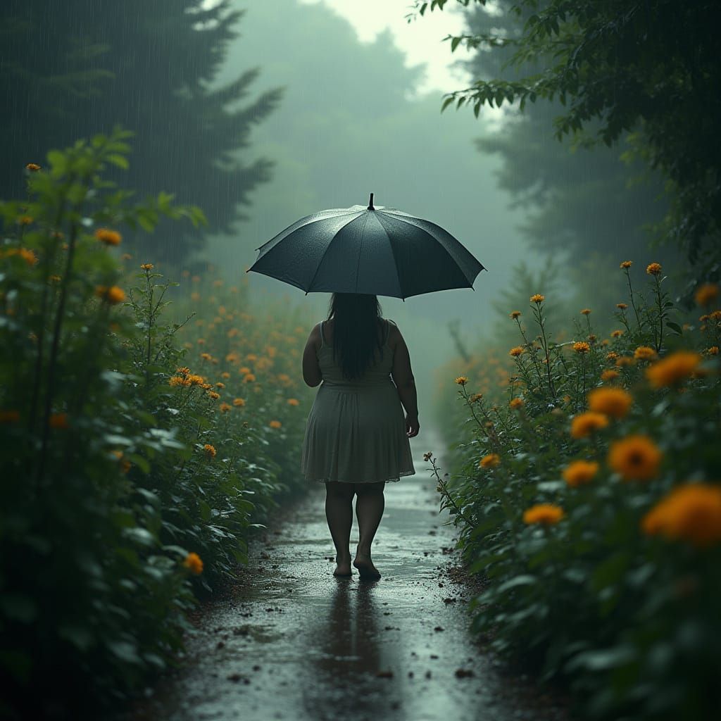 Cinematic Portrait of a Woman Walking in a Rainy Garden