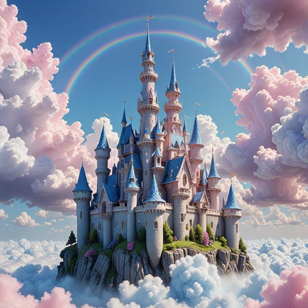 Floating Whimsical Castle in a Rainbow Sky