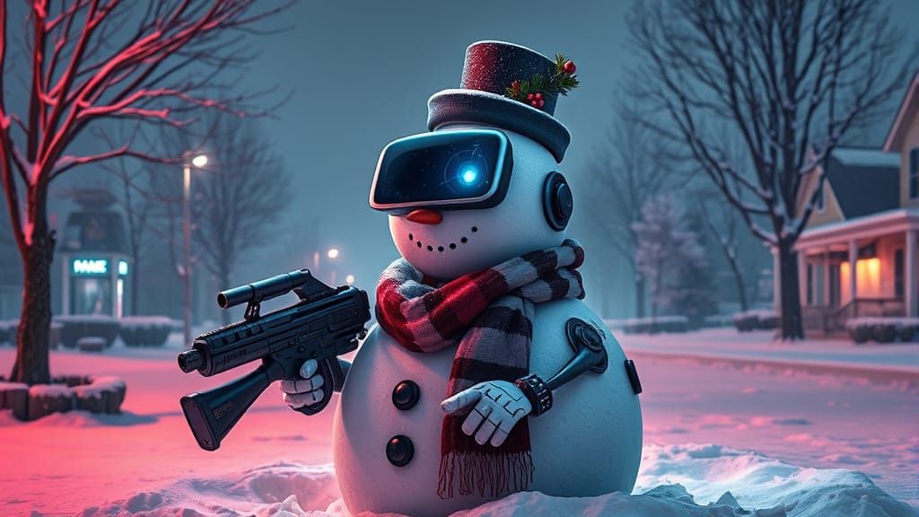 Cyberpunk Robotic Snowman in Winter Suburbia