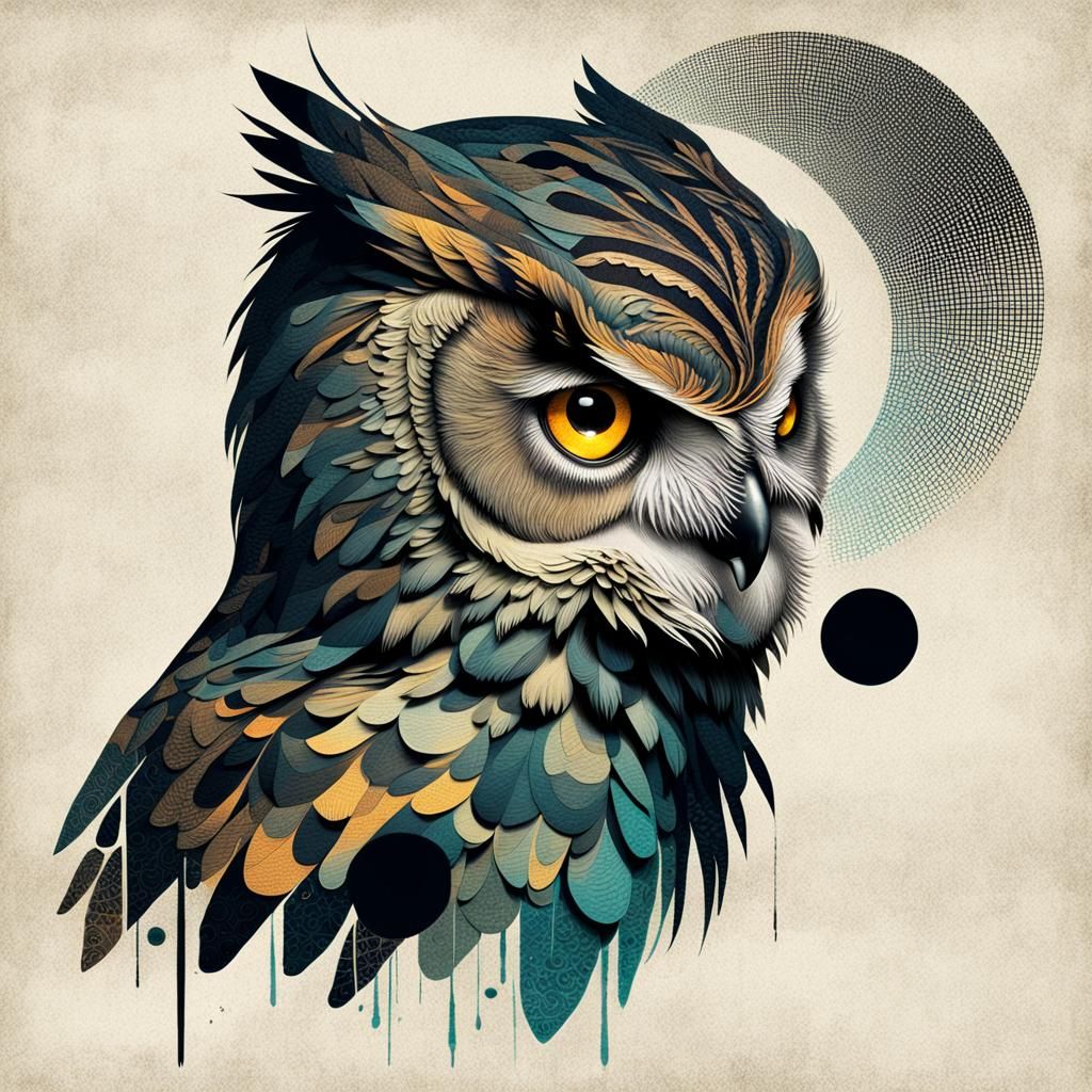Owl Portrait in Mixed Media Collage Style