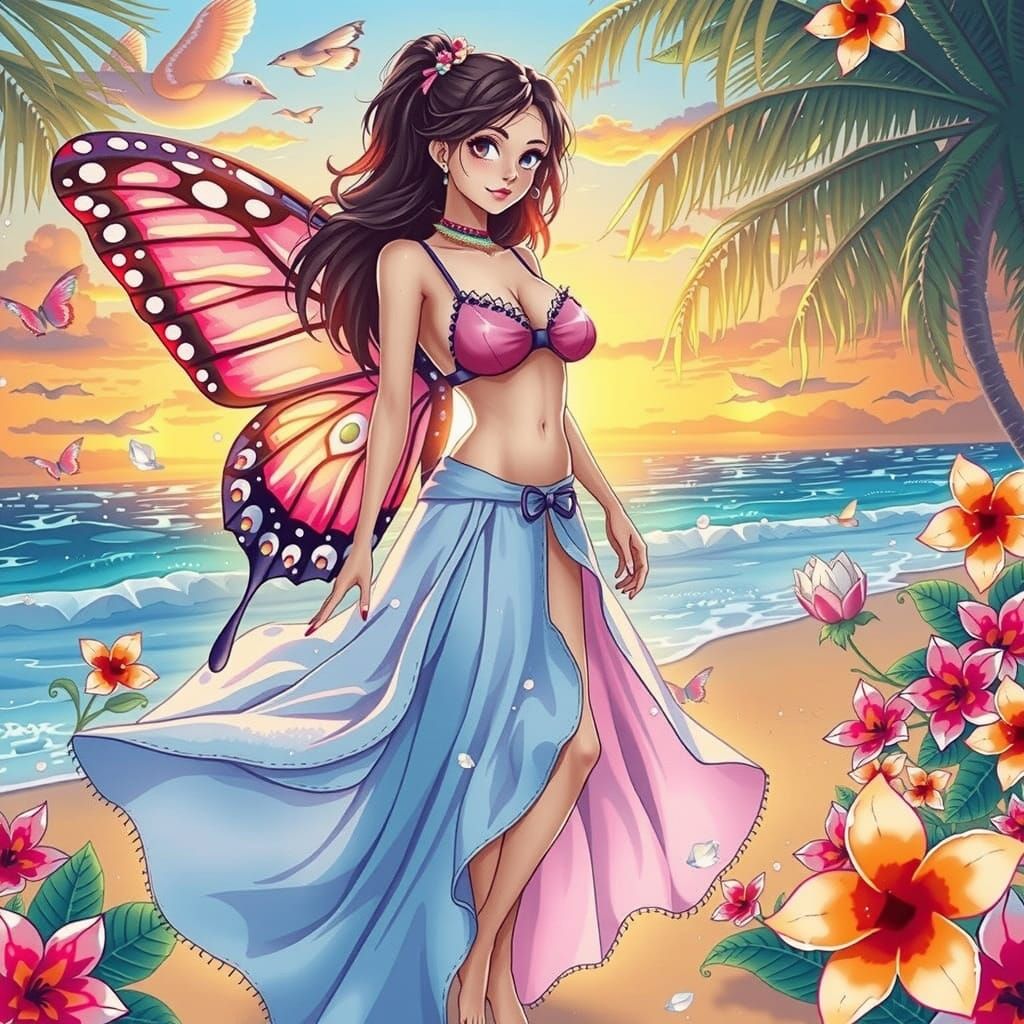 Butterfly Woman on Beach with Fractal Patterns