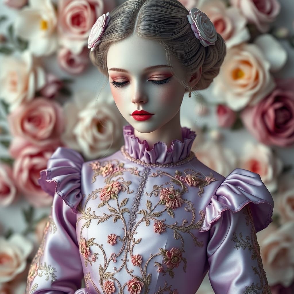 Ethereal Porcelain Girl in Silk Dress, 3D Render