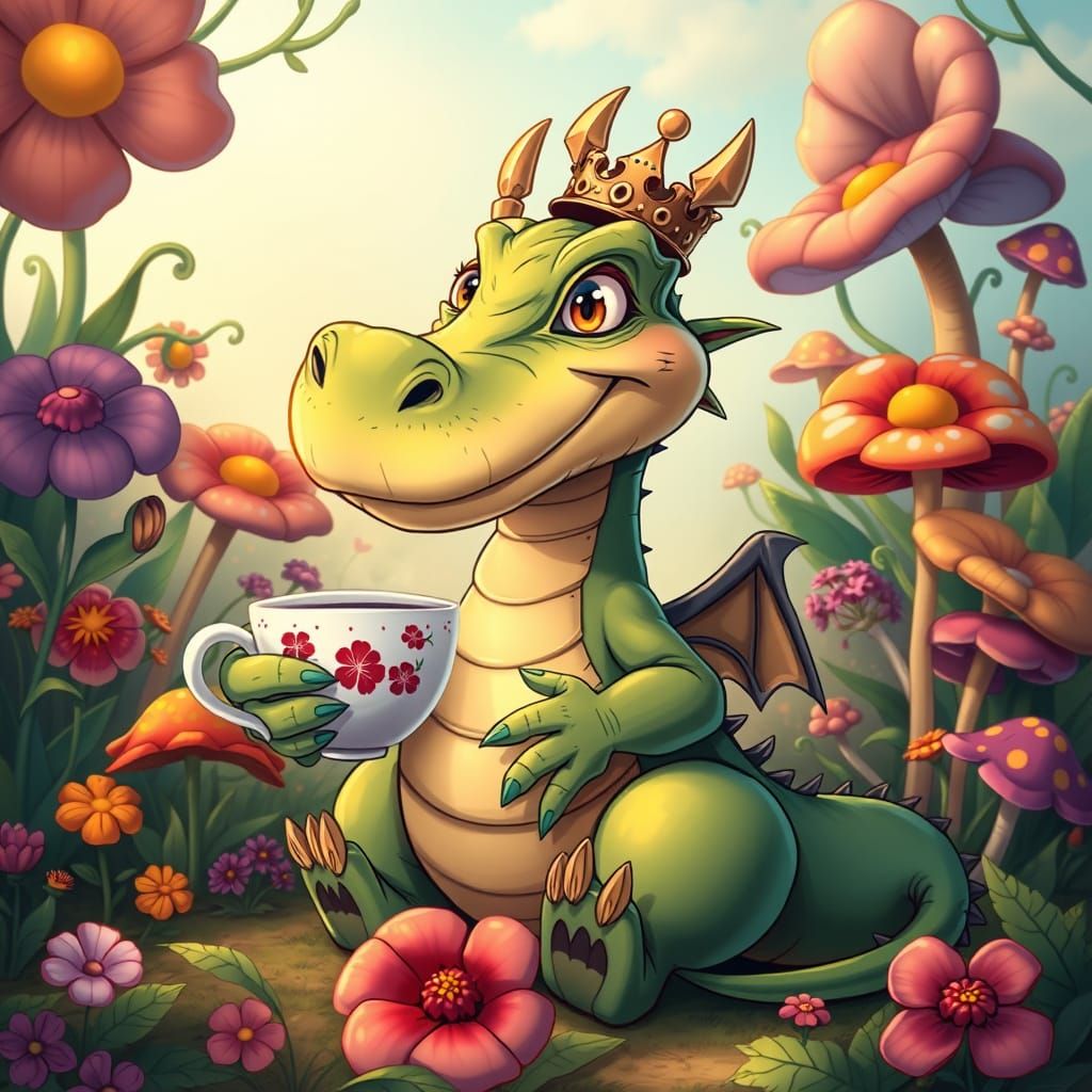 Cartoon Dragon's Tea Party in Whimsical Garden