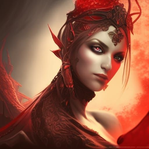 Woman with Red Eyes Casting Shadow, Dark Fantasy Art