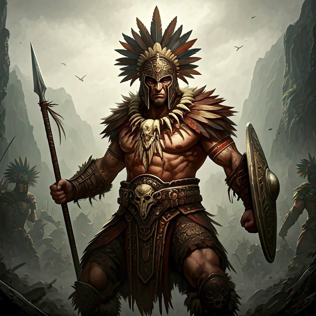 Fierce Tribal Warrior in Mystical Landscape