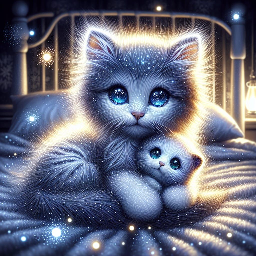 Enchanting Kitten Hugging Plushie in Digital Art