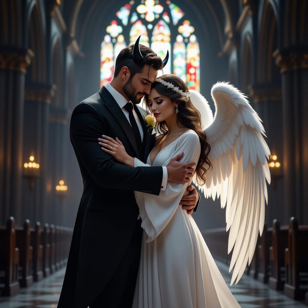 Devil and Angel Embrace in Cathedral