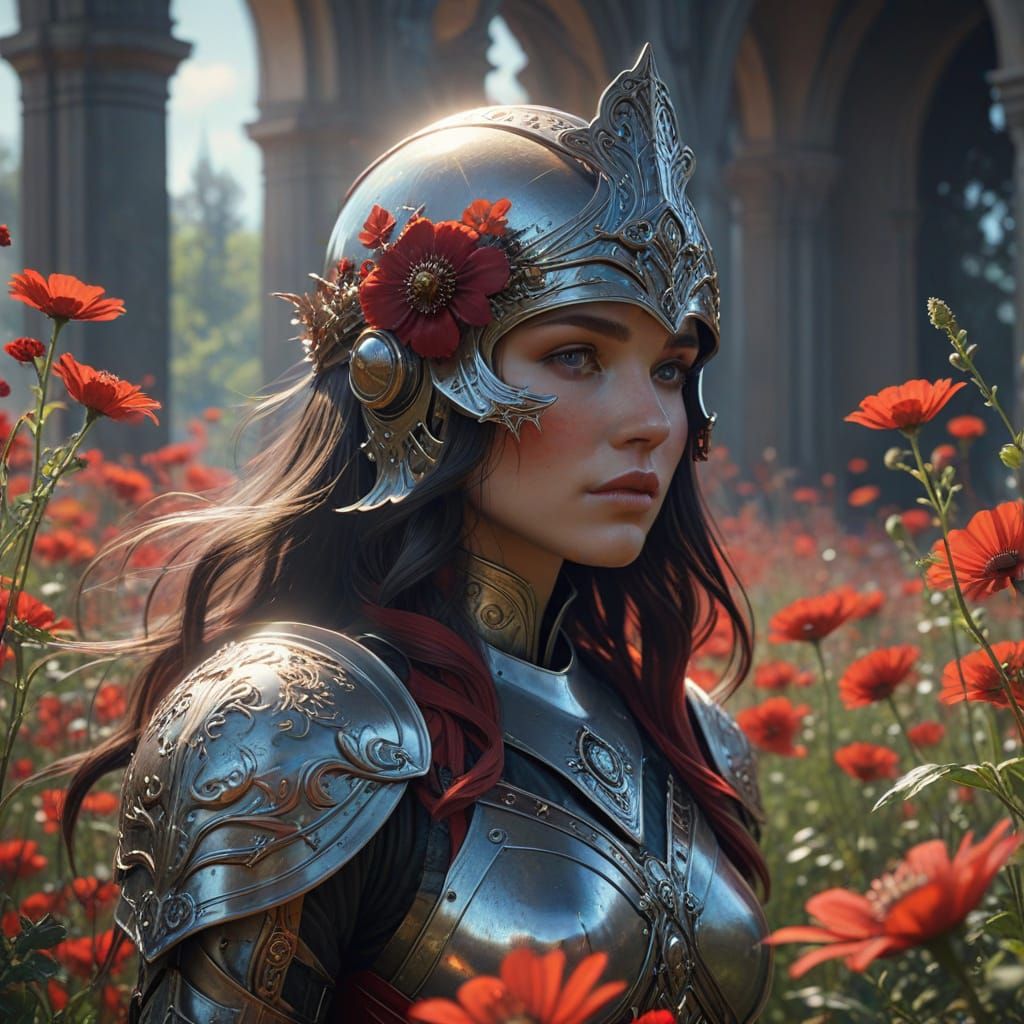 Gothic Female Knight Amidst Wildflowers in Radiant Light