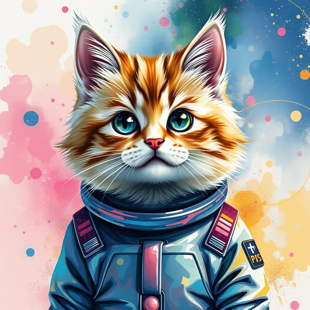 Fluffy Cat in Space Jumpsuit, Impressionist Style