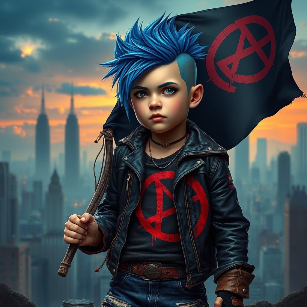 Punk Boy Anarchist in Dystopian Cityscape