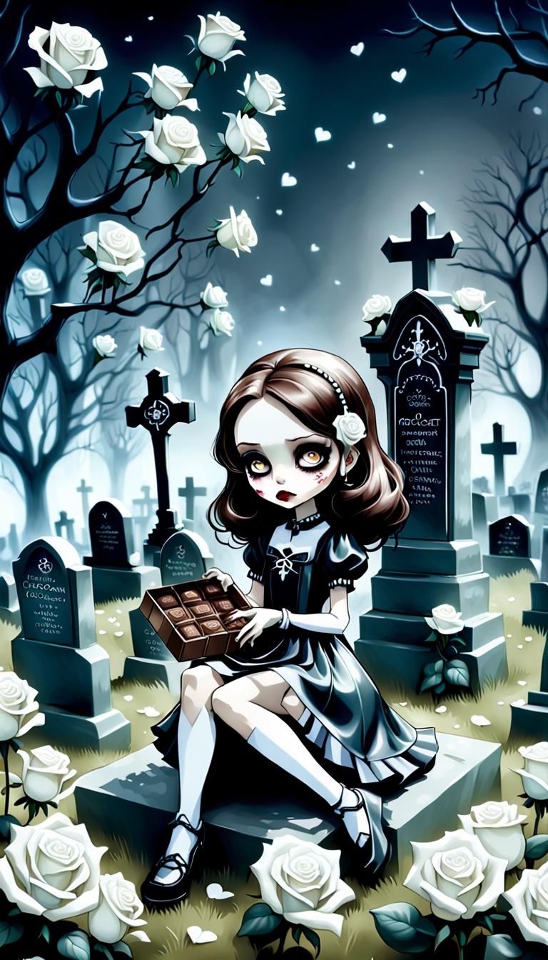 Chibi Widow in Graveyard: Burton-esque Digital Art