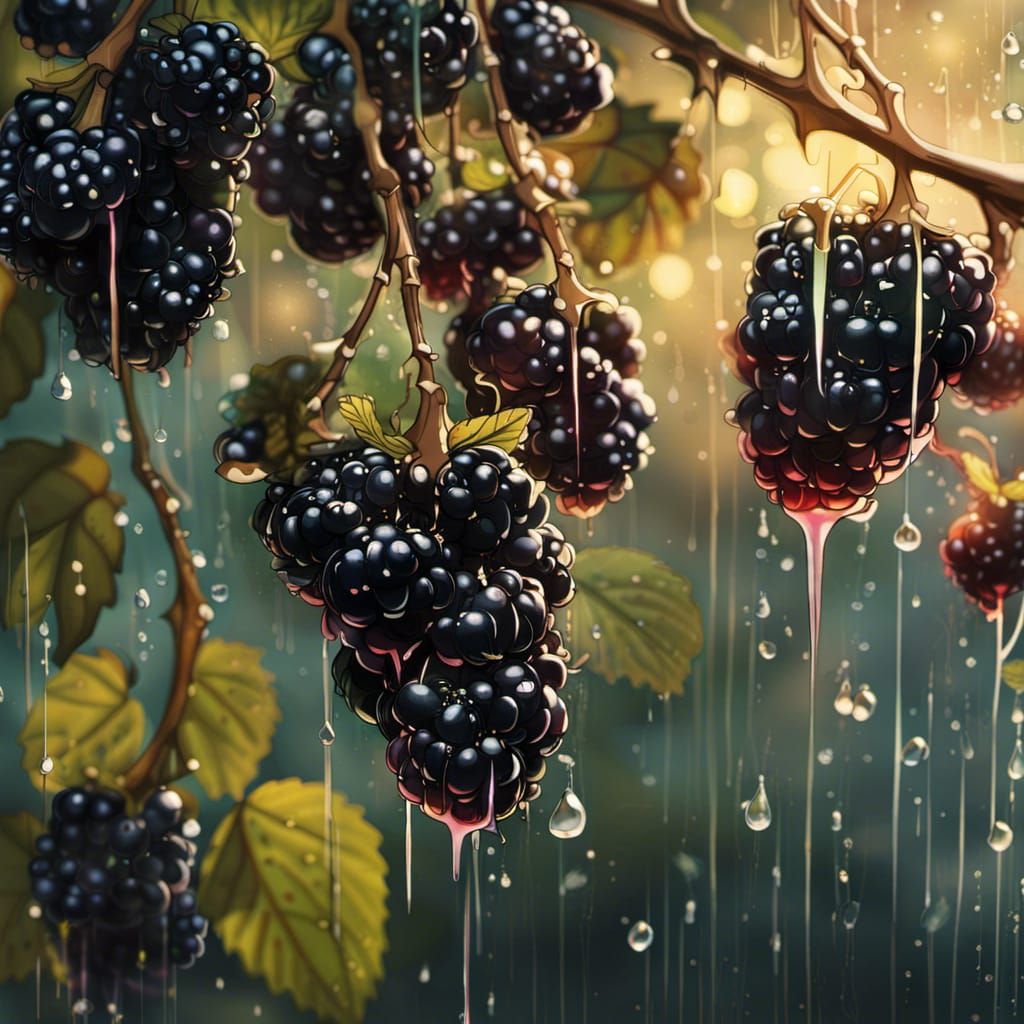 Rain-Drenched Blackberries in Woodland: Hyperrealistic Splas...