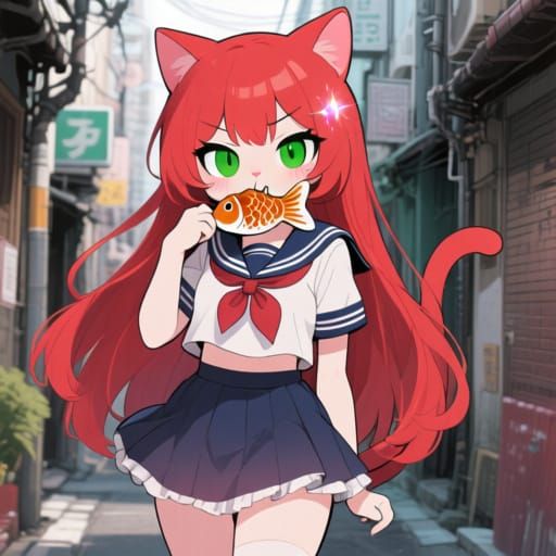 Kawaii Catgirl Eating Taiyaki in Tokyo Alley