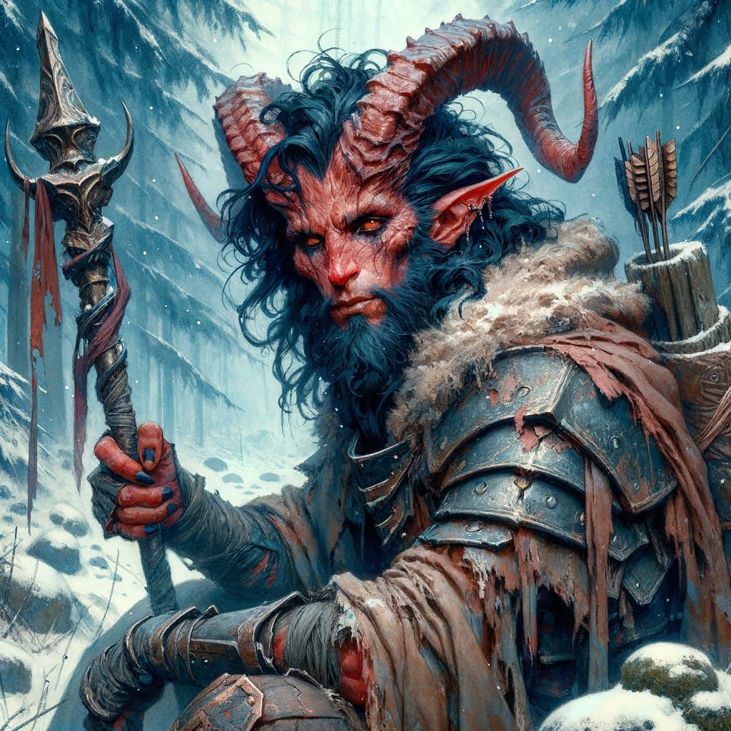 Worn Warrior with Horns in Snowy Forest