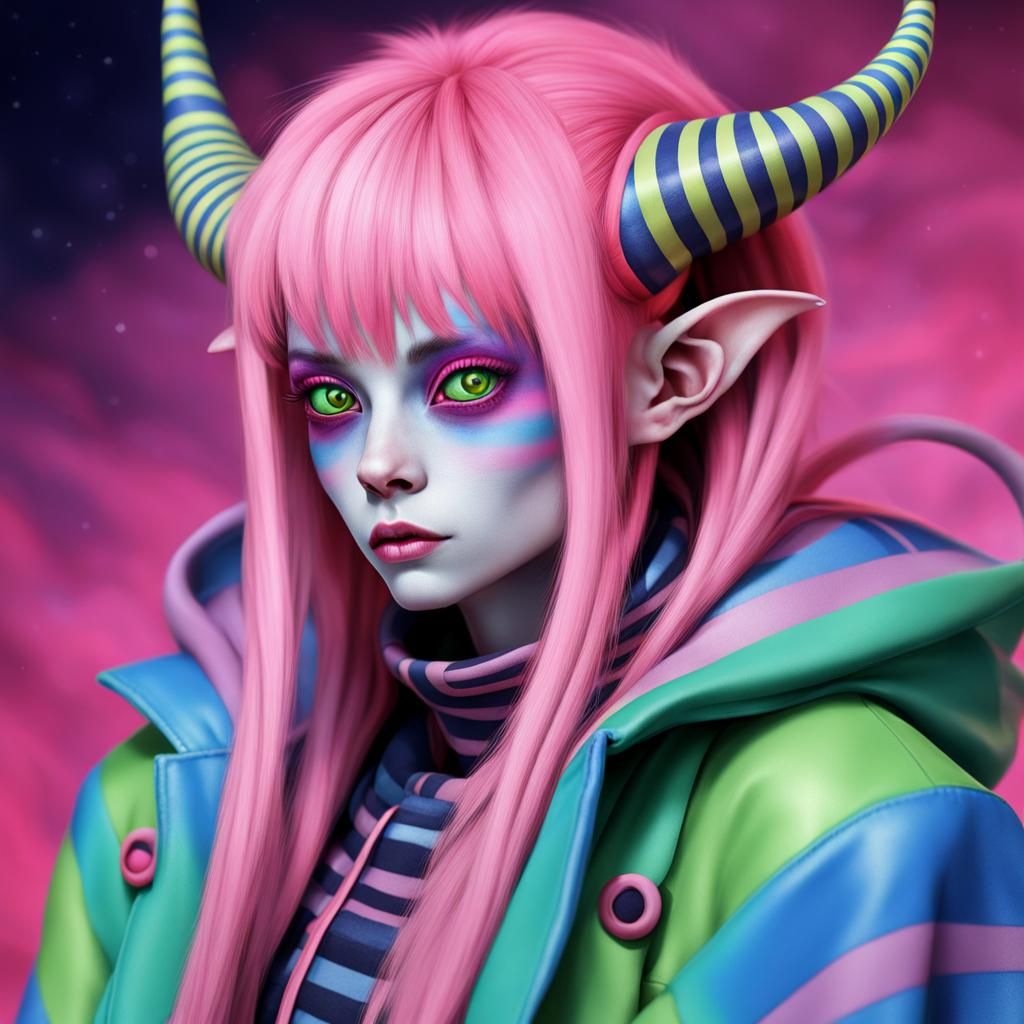 Horned Pink Alien in Striped Coat