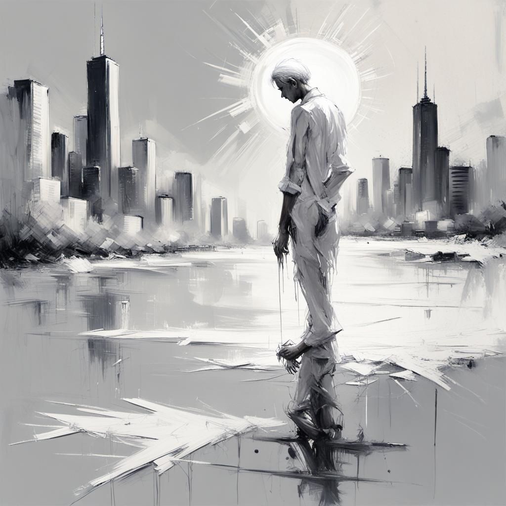 Distressed Man in Whitewashed Cityscape: Grunge Cartoon