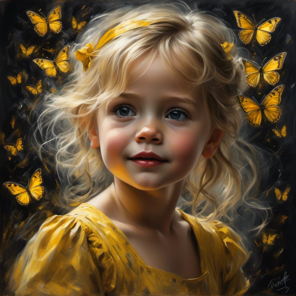 Child's Chalk Art: Little Girl with Butterflies