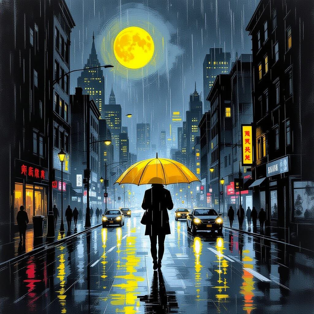 Rainy Cityscape Charcoal Drawing with Glowing Umbrella