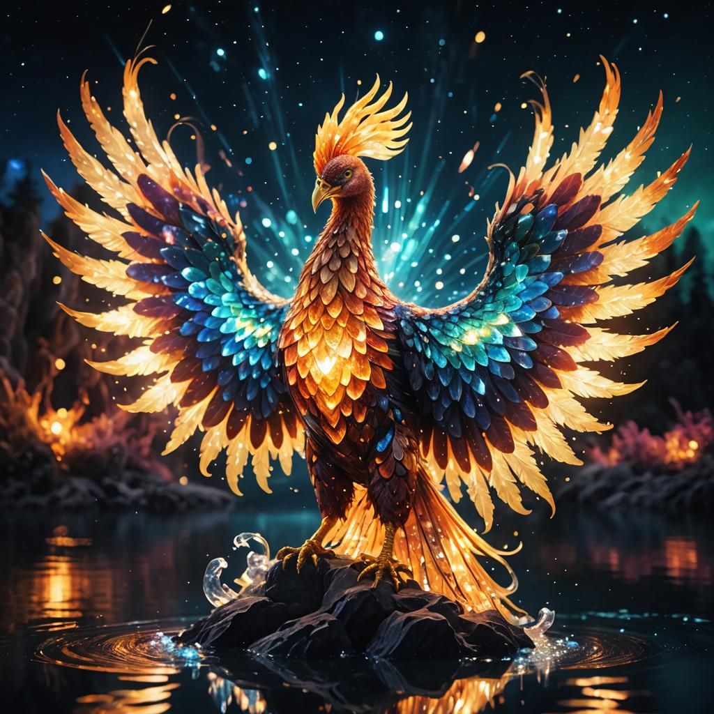 Crystal Phoenix Rising from Nebula Lake