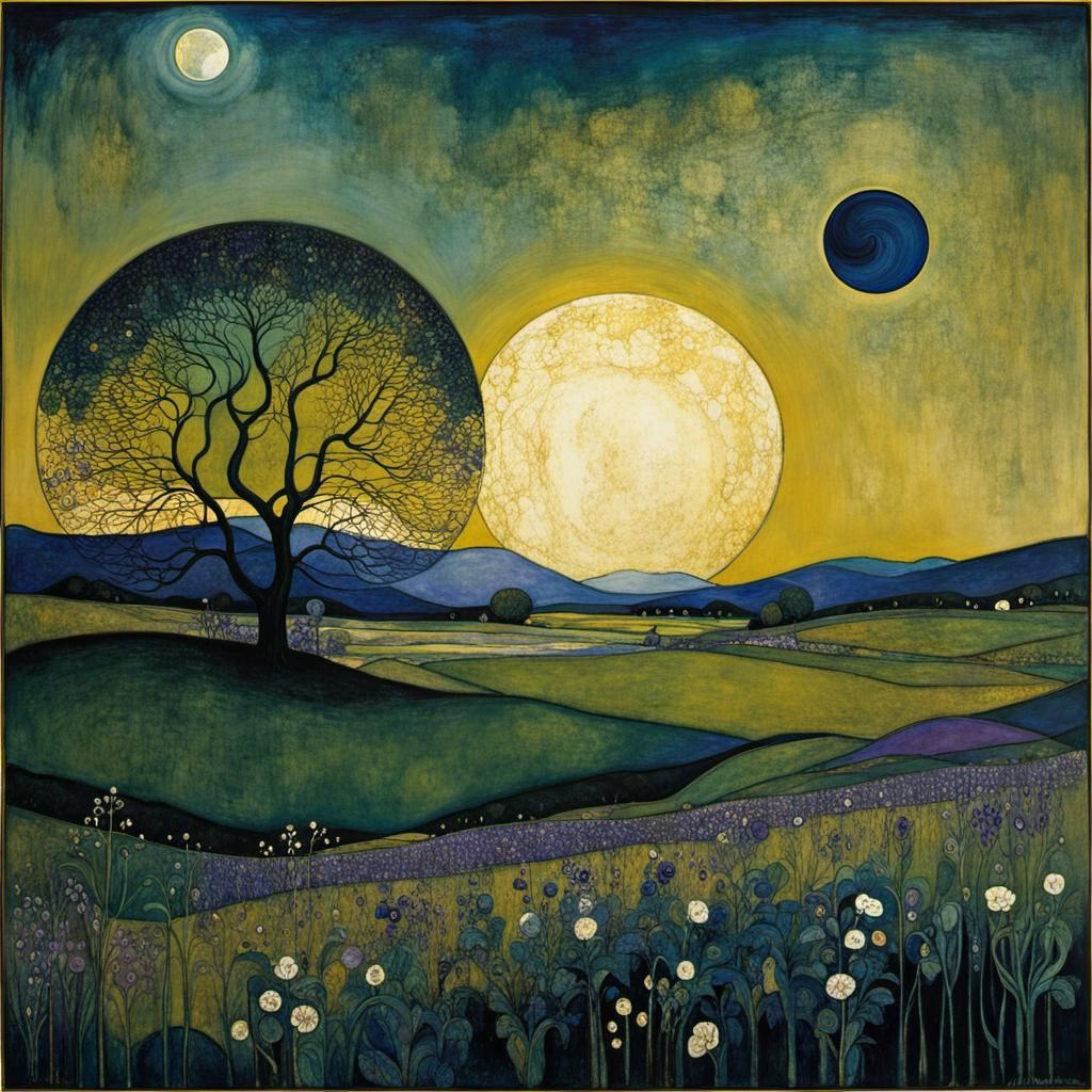 Dreamlike Nocturnal Scene in Vibrant Blues and Purples