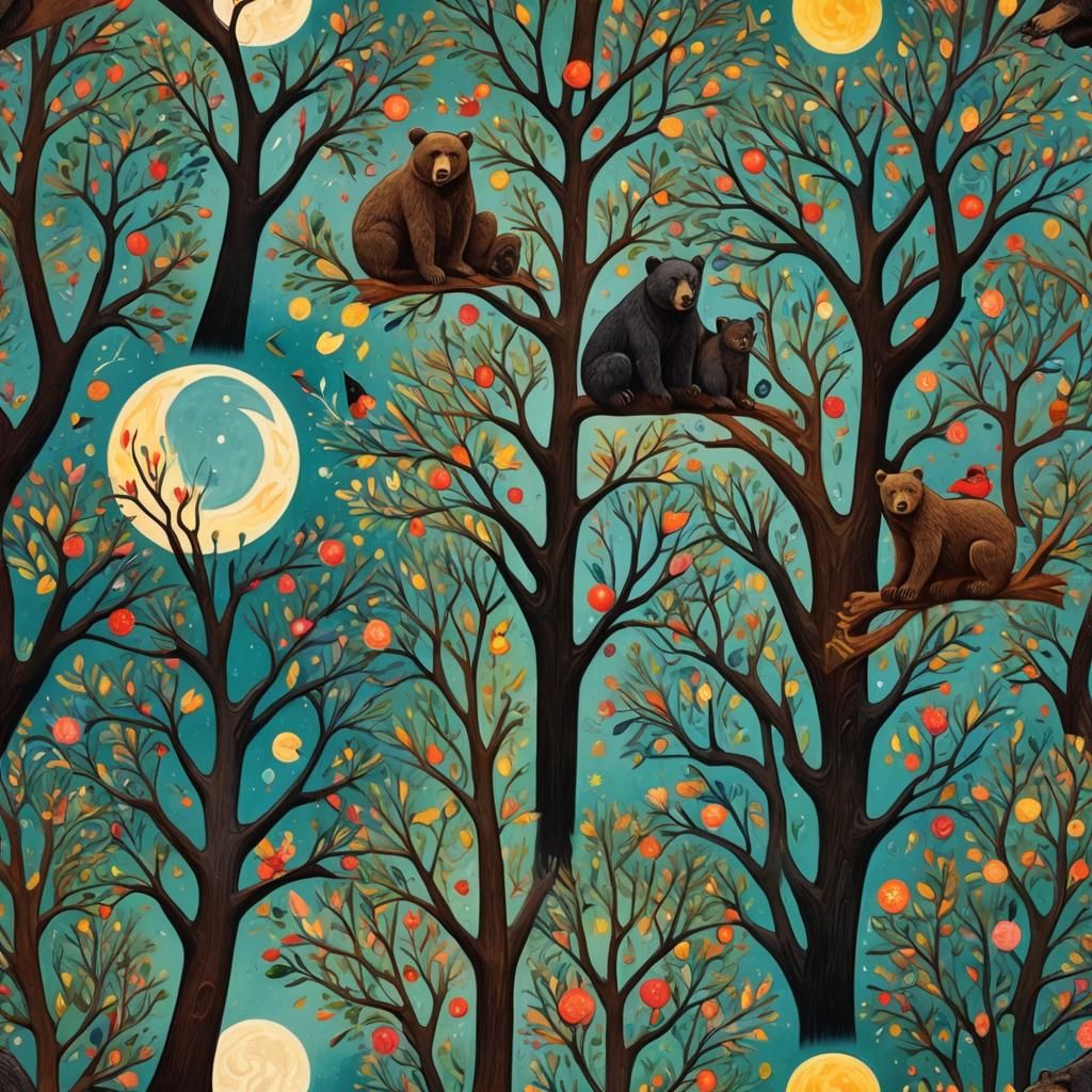 Naive Art Moon Trees with Bear and Birds