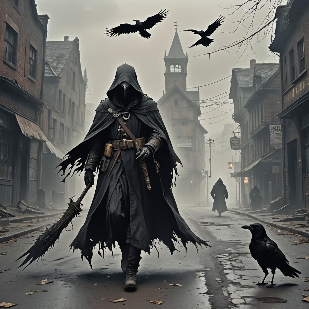 Plague Doctor in Abandoned Street: Dark Fantasy Art