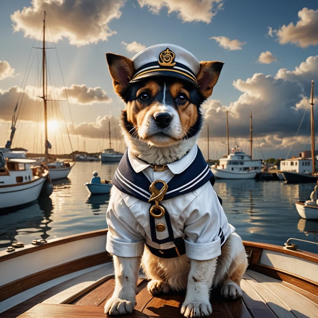 Dog in Sailor Outfit on Boat, 3D Digital Art
