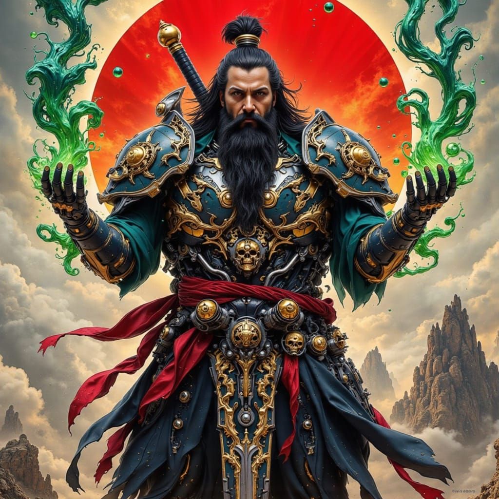 Stern Asian Warrior with Ornate Sword in Samurai Armor