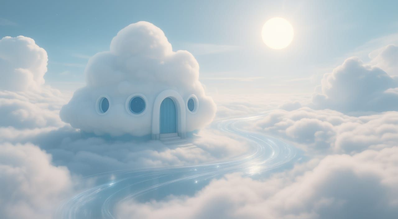 White Cloud Hut in Bright Sunny Landscape