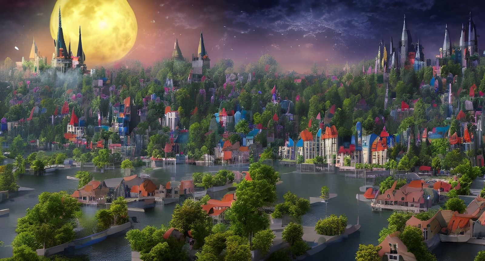 Anime City on Moon with Floating River